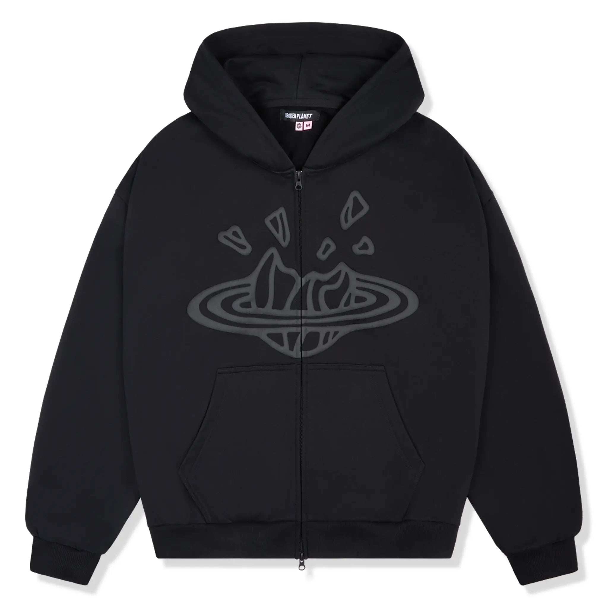 Front View Of Broken Planet Midnight Black Zip-Up Hoodie BP-JUN25-ZUHD-M_BLACK